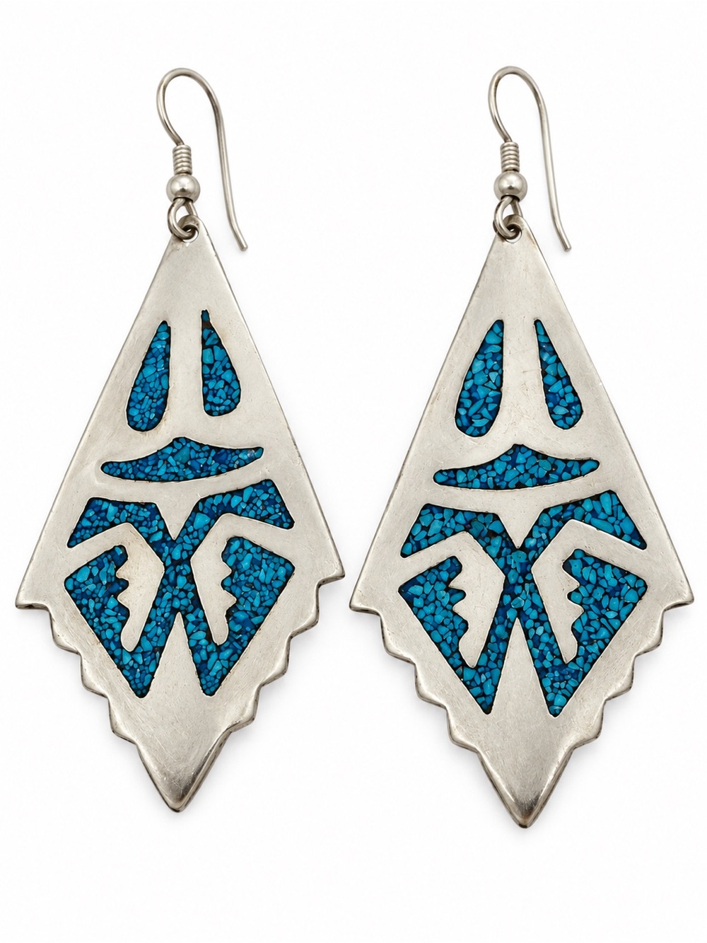Vtg Alpaca Silver Turquoise Inlay Dangle Statement Earrings Modernist Geometric